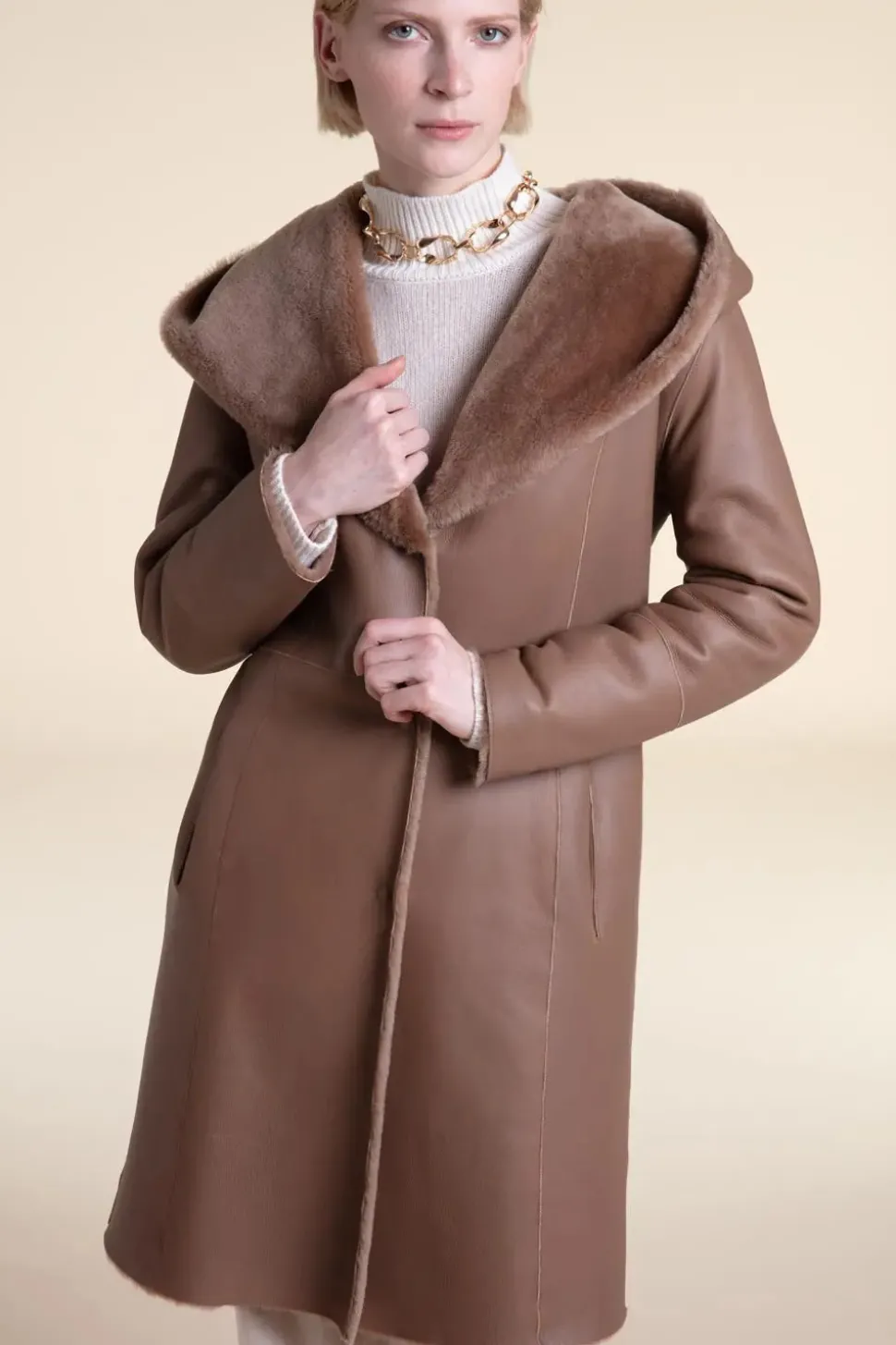 Beige shearling coat womens