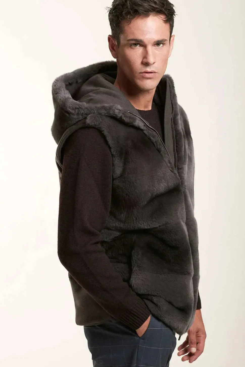 Brown fur vest with hood