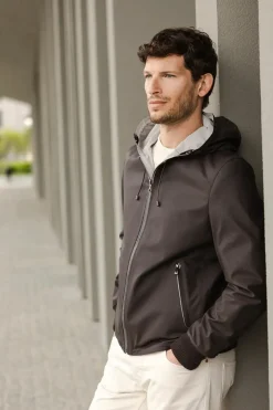 Brown leather jacket with hood
