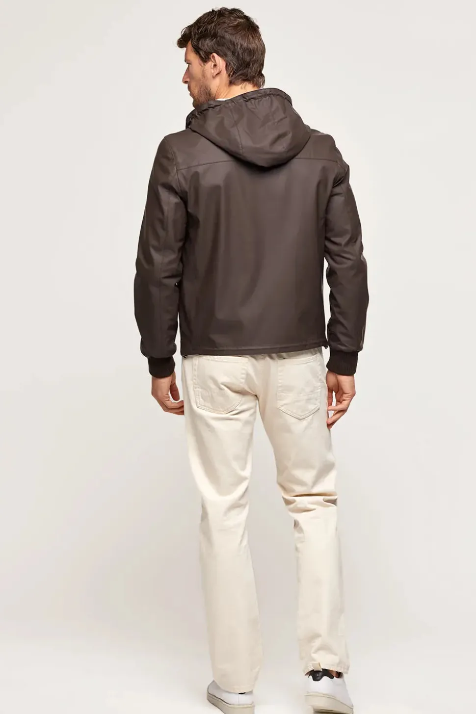 Brown leather jacket with hood
