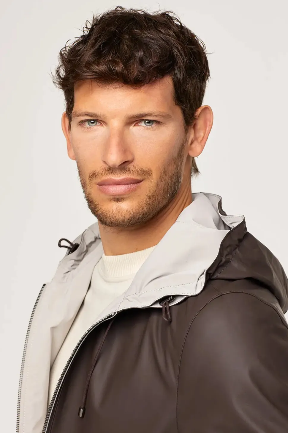 Brown leather jacket with hood