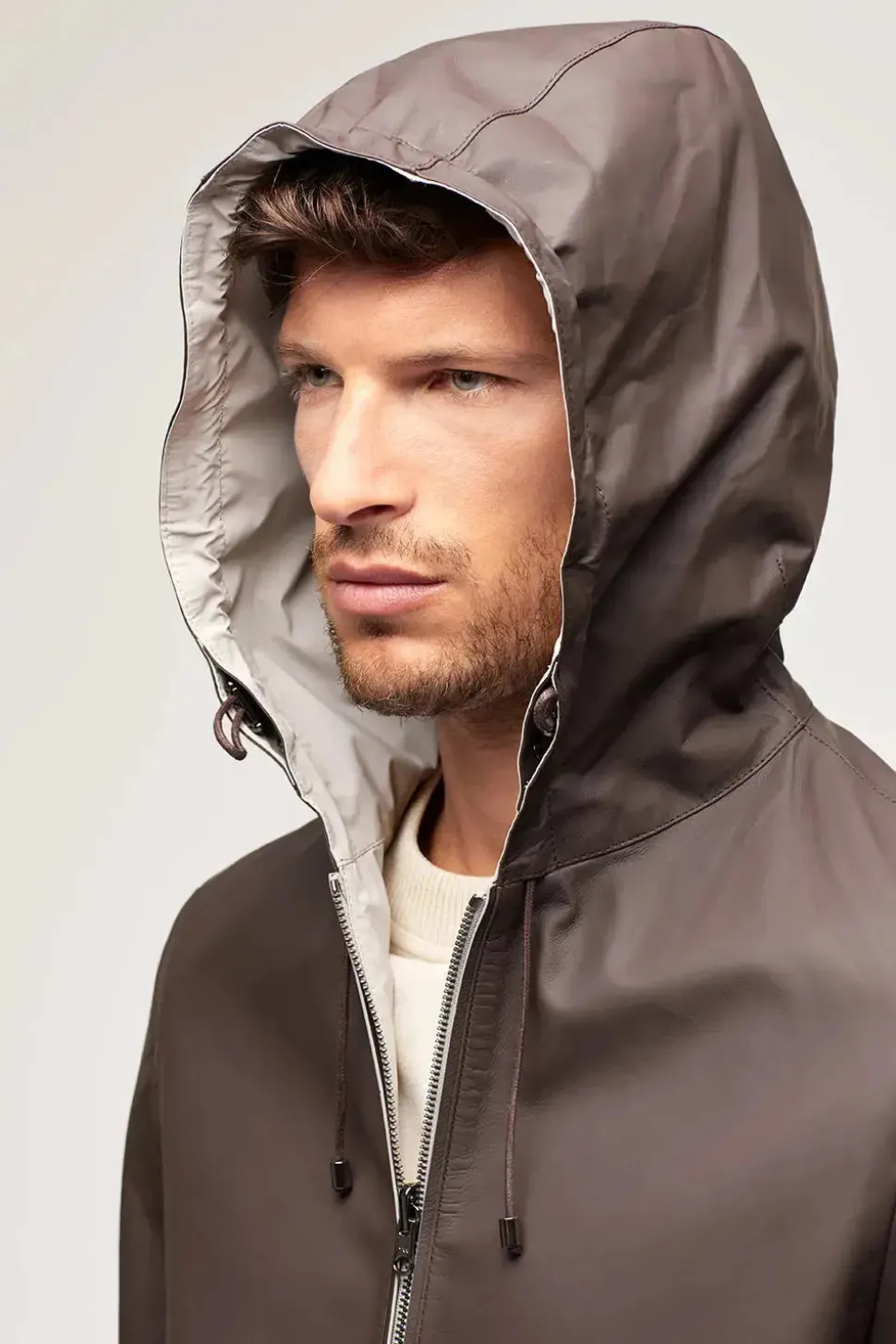 Brown leather jacket with hood