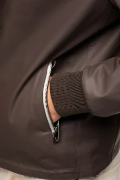 Brown leather jacket with hood