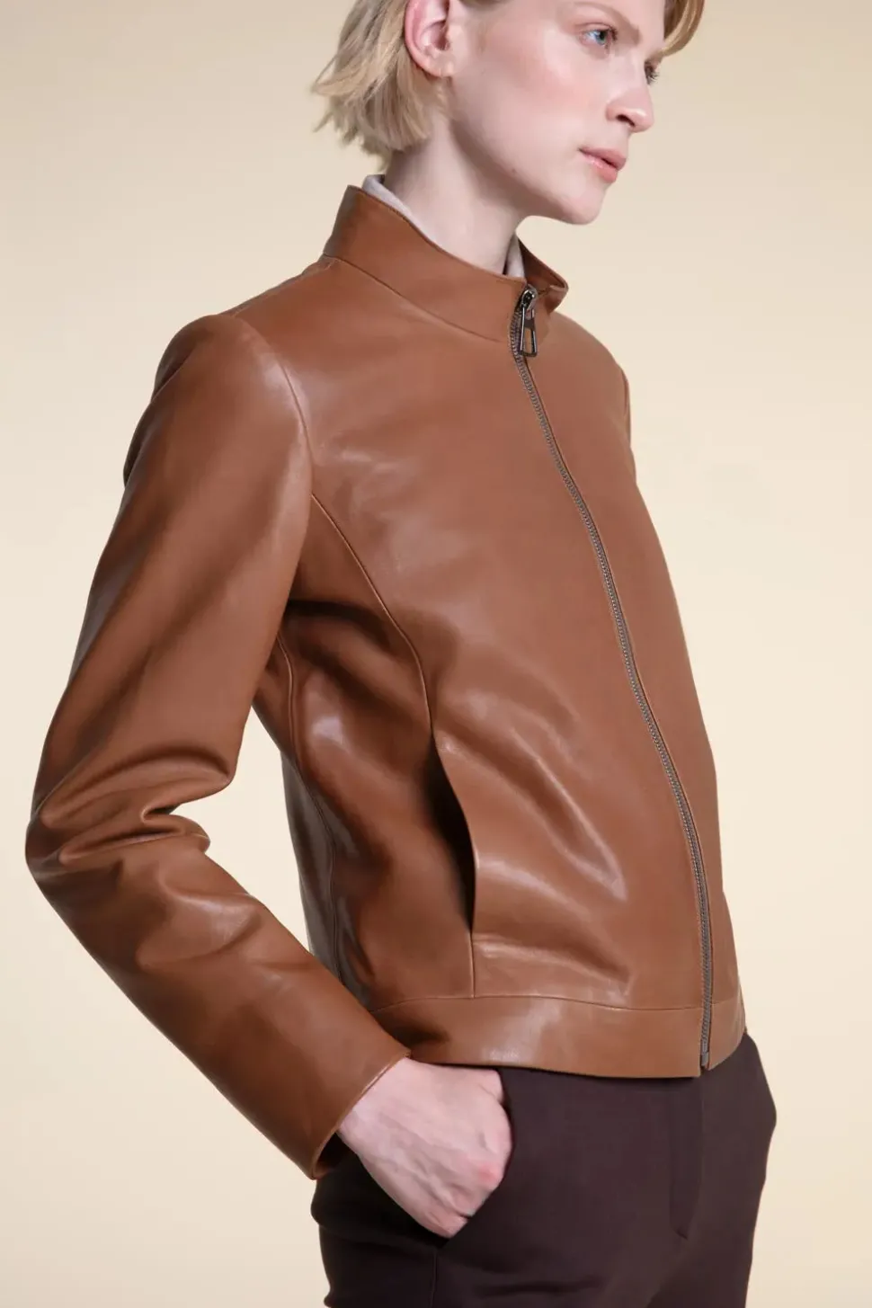 Camel leather jacket womens