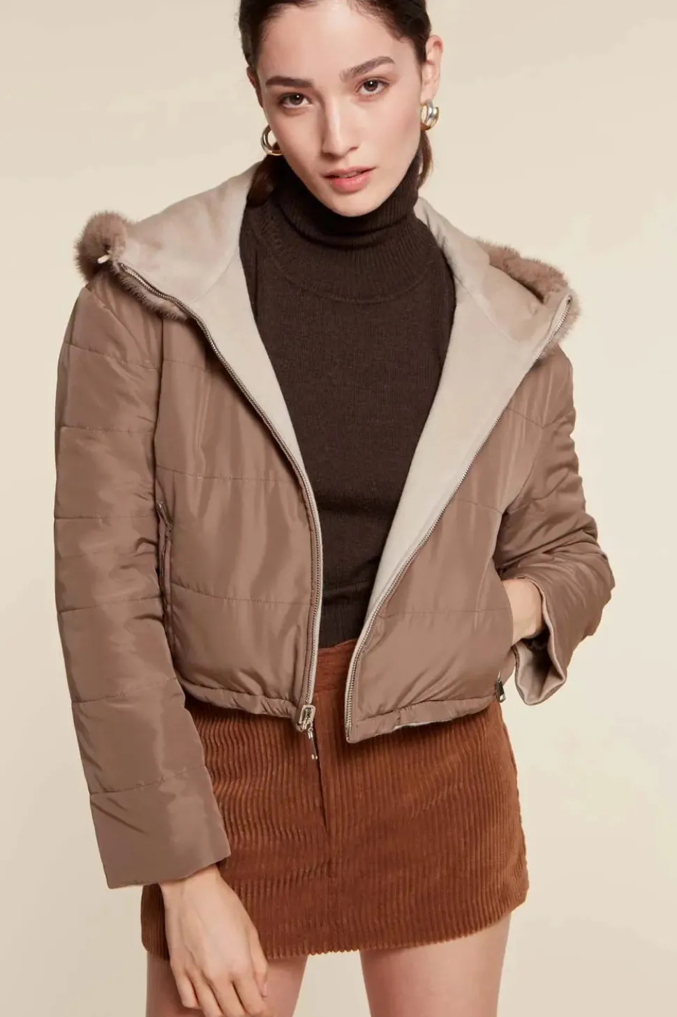 Cropped puffer jacket with fur hood