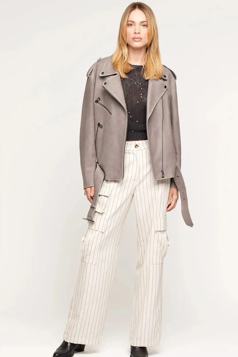 Grey leather biker jacket women