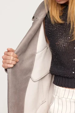 Grey leather biker jacket women