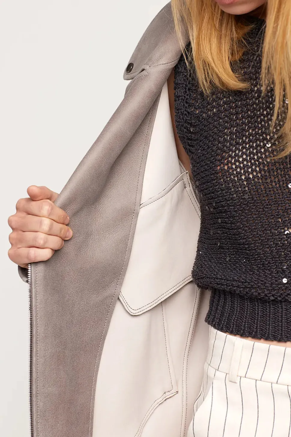Grey leather biker jacket women