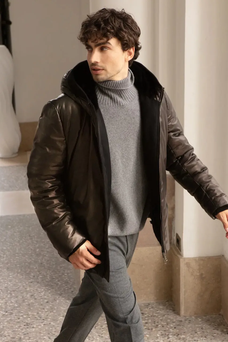 Leather down jacket mens