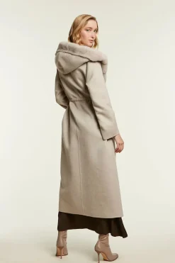 Long cashmere coat with fur hood