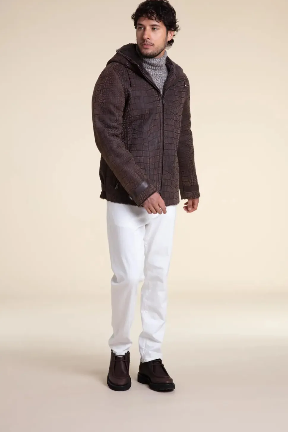 Men sheepskin jacket with hood