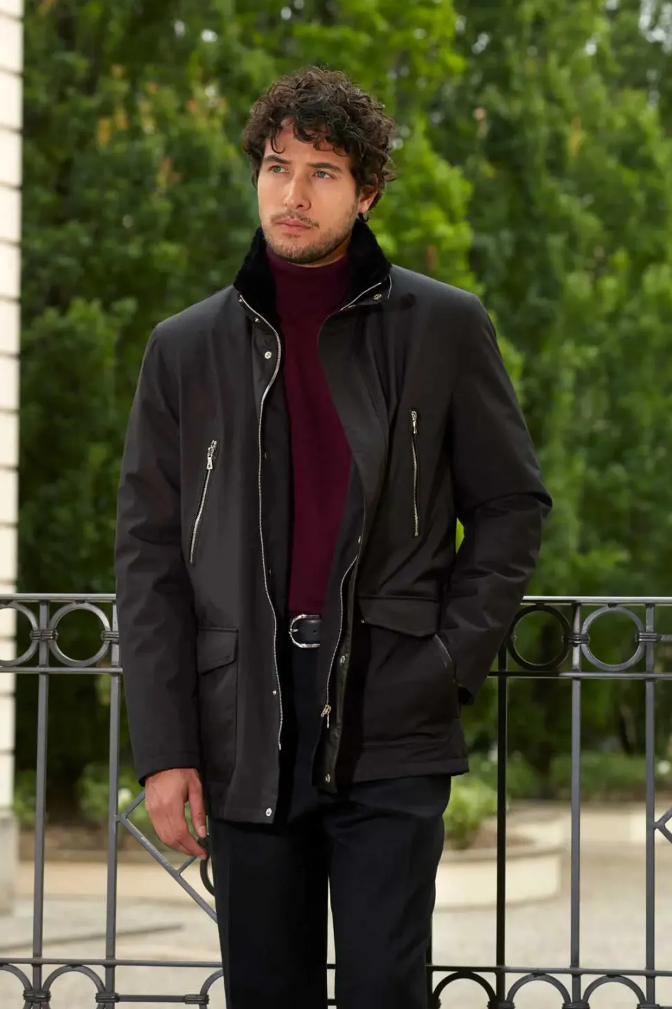 Mens black coat with fur collar