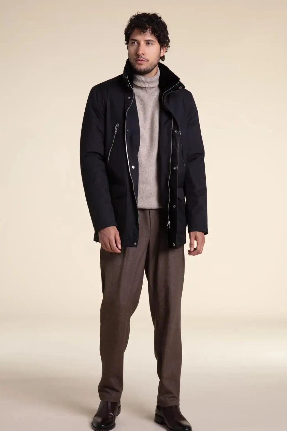 Mens black coat with fur collar