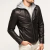 Mens black leather jacket with hood