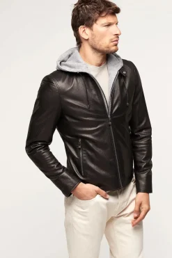 Mens black leather jacket with hood