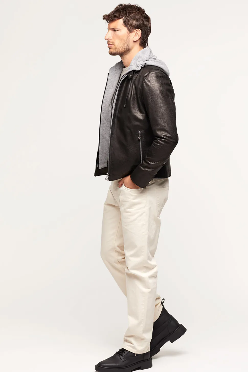 Mens black leather jacket with hood