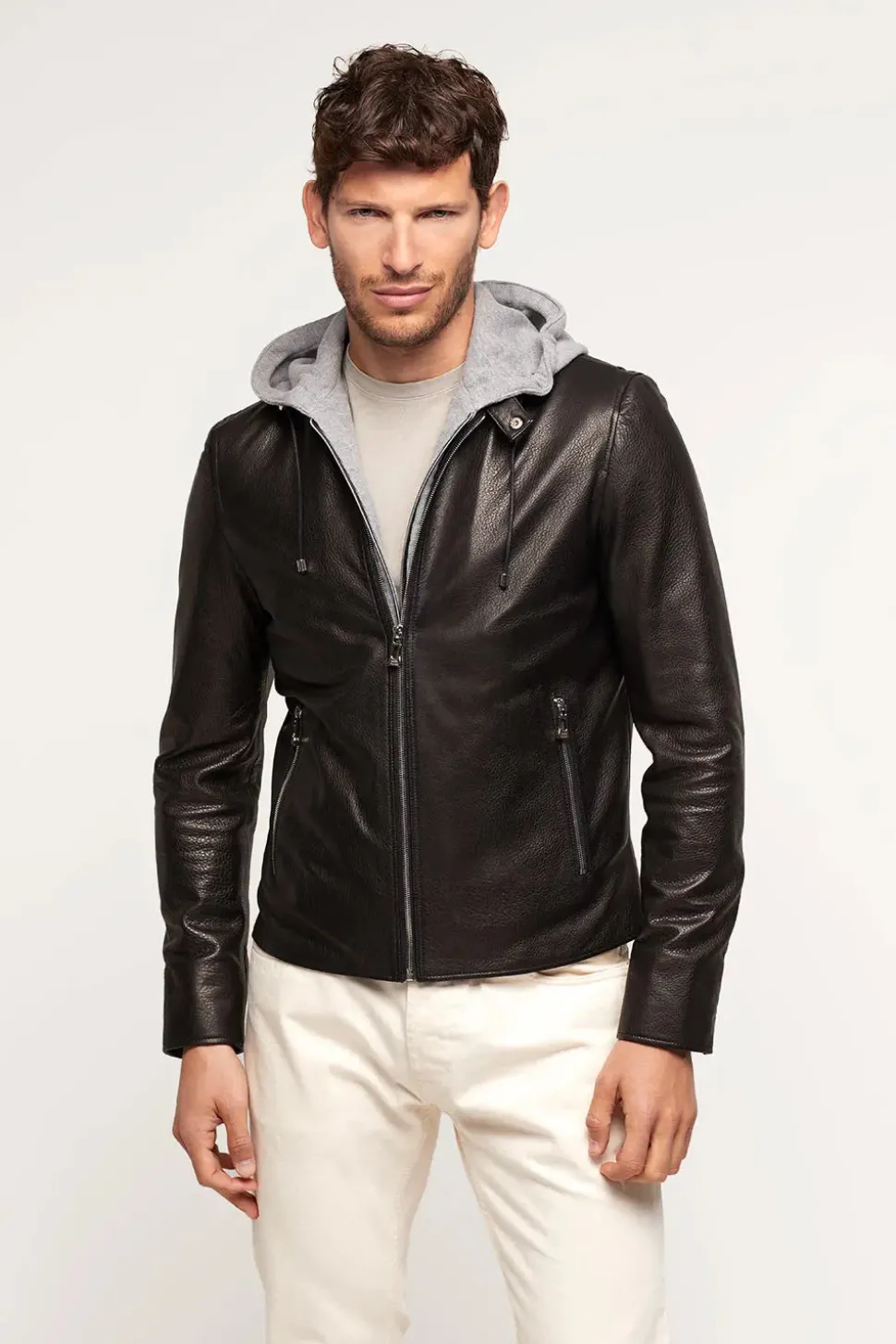 Mens black leather jacket with hood