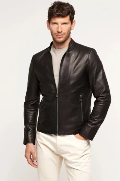 Mens black leather jacket with hood