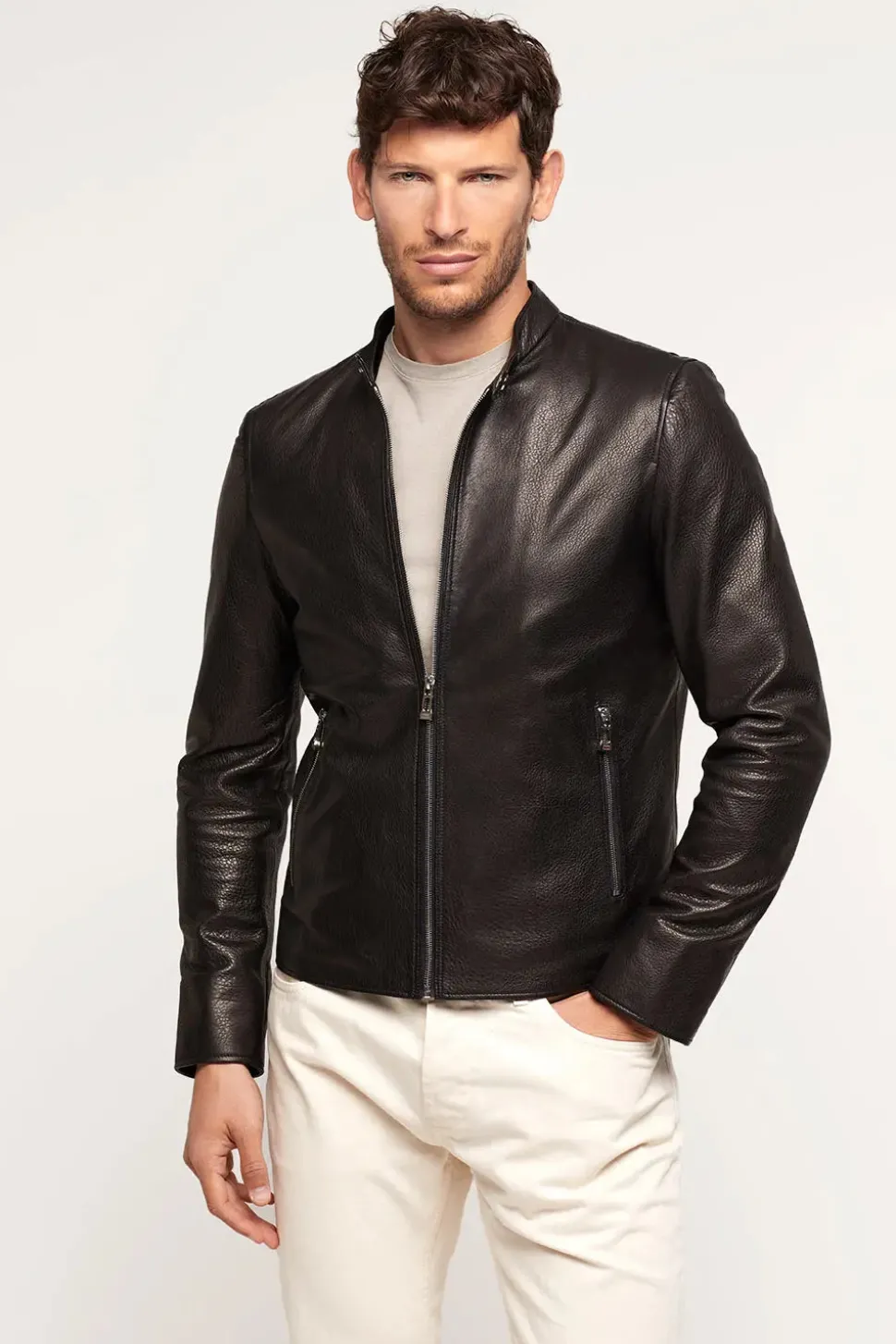 Mens black leather jacket with hood