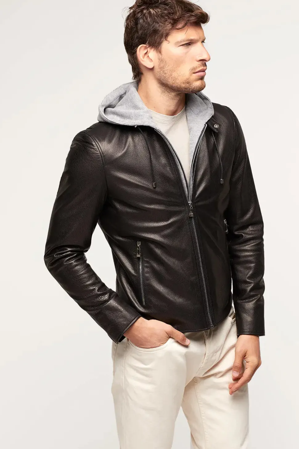 Mens black leather jacket with hood