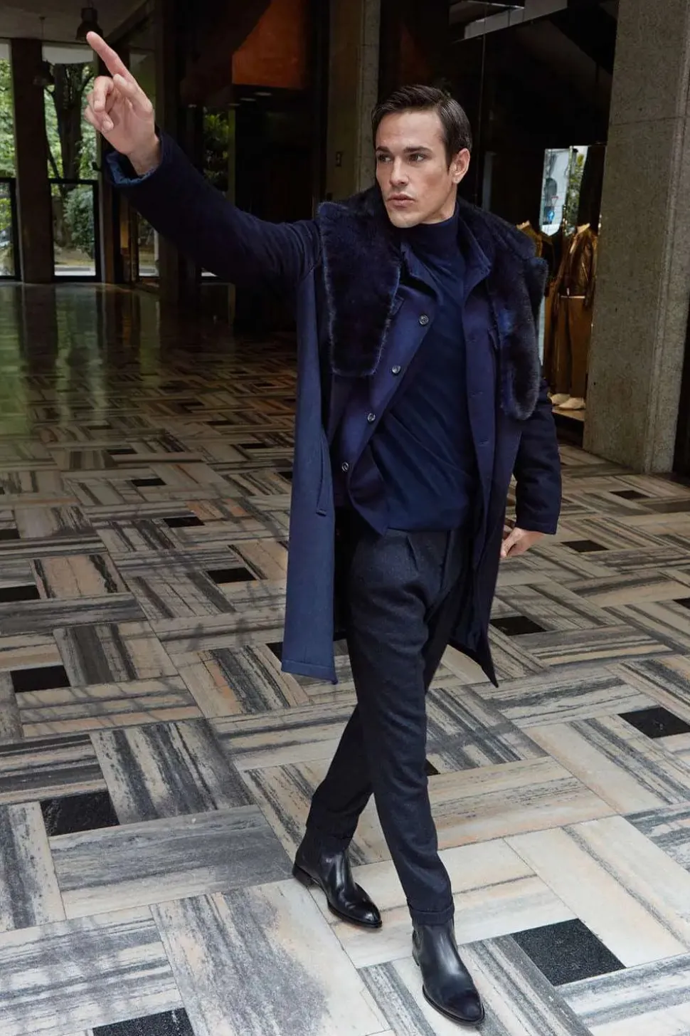 Mens cashmere coat with mink collar