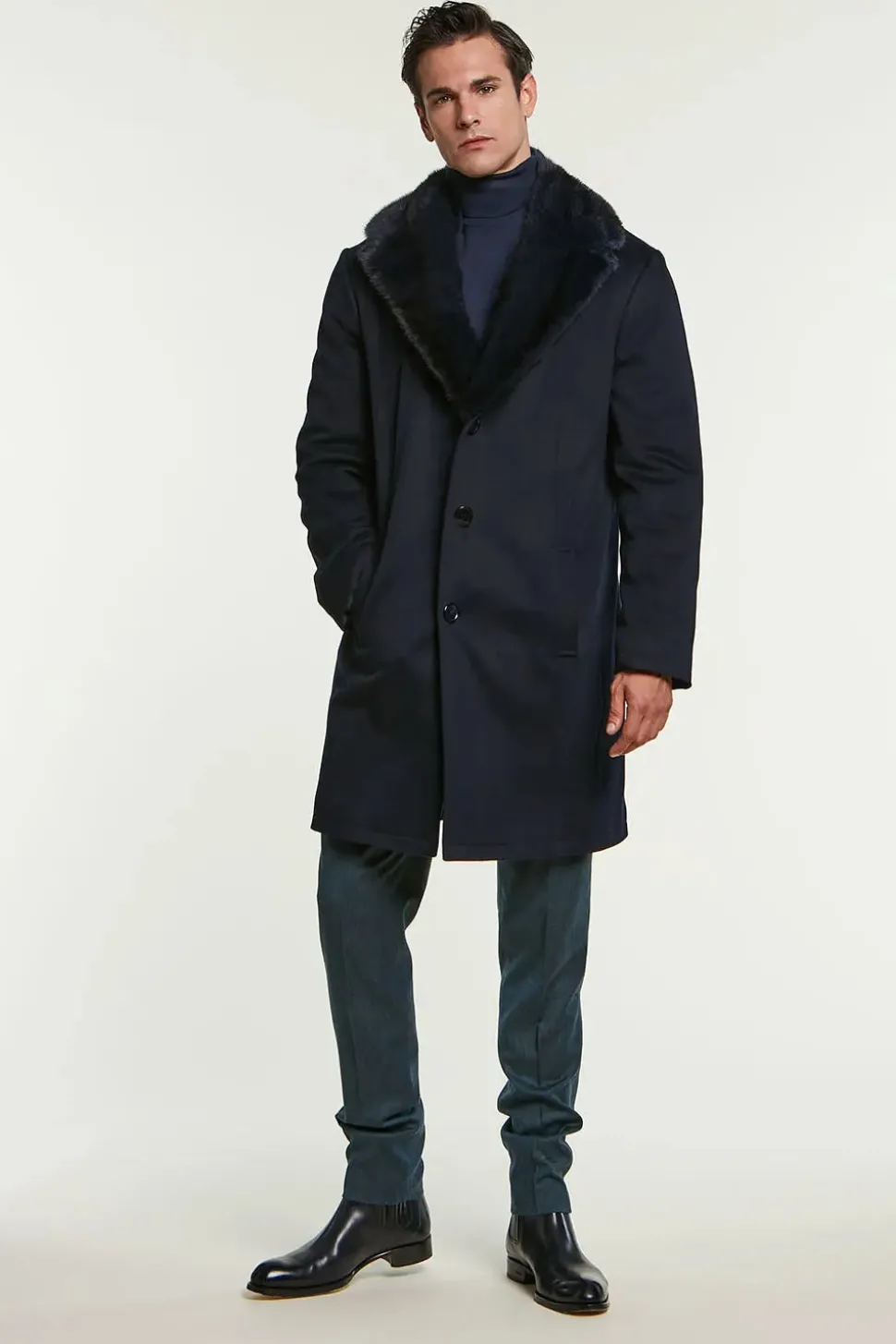 Mens cashmere coat with mink collar
