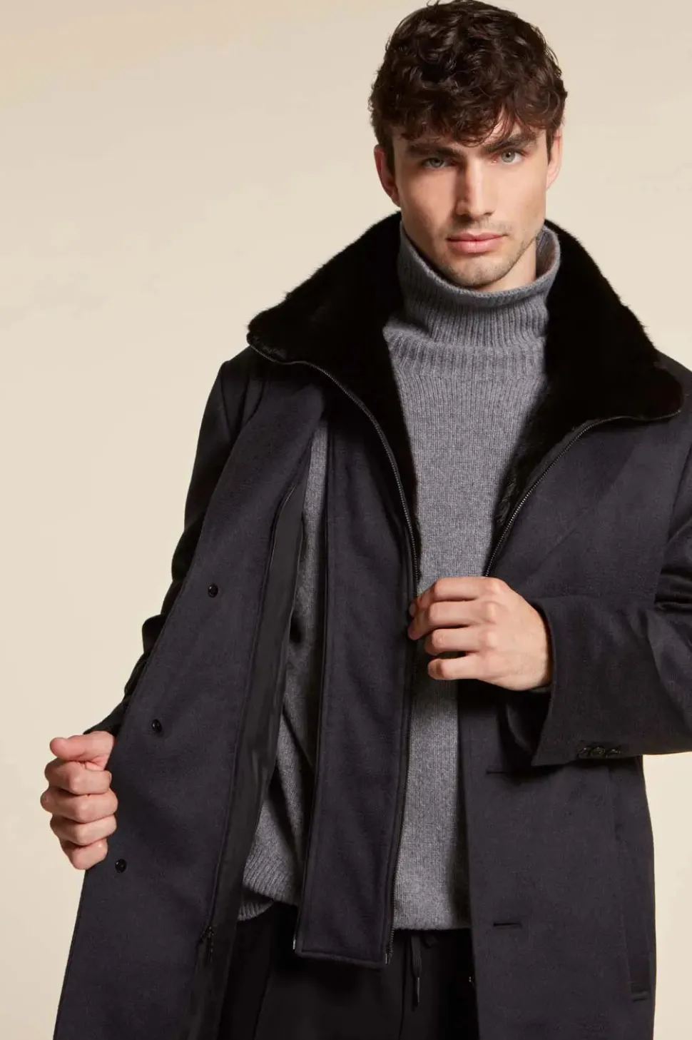 Mens cashmere coat with mink