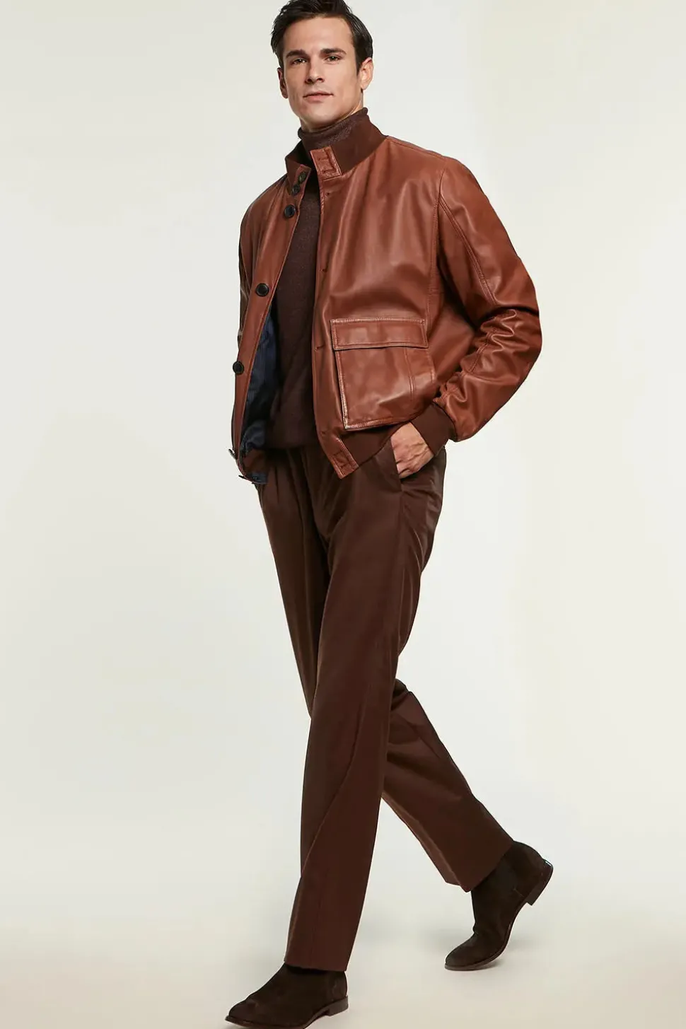 Mens cognac leather bomber jacket