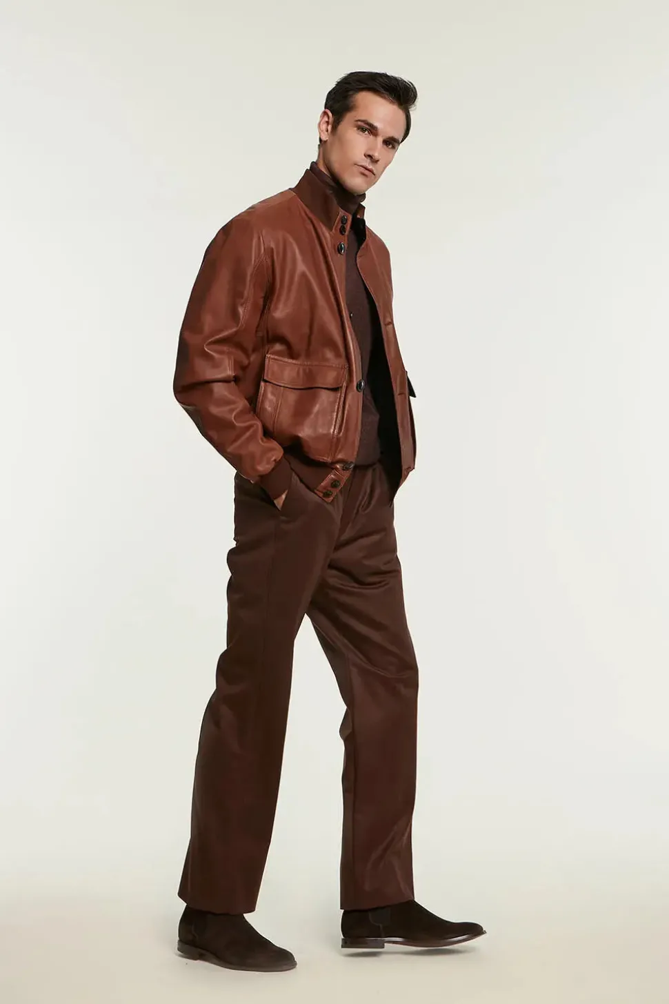 Mens cognac leather bomber jacket