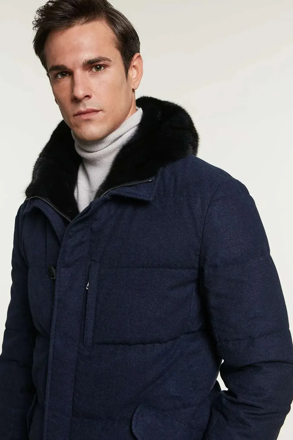 Mens down coat with fur hood