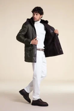 Mens green parka coats with fur hood