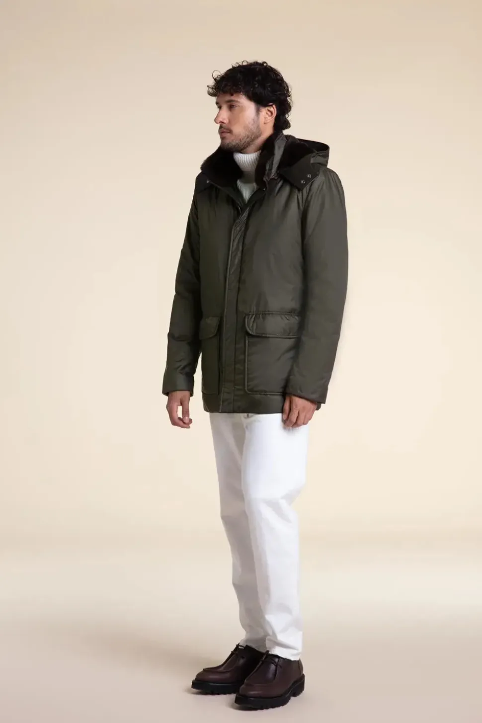 Mens green parka coats with fur hood