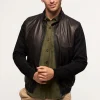 Mens leather jacket with textile sleeves