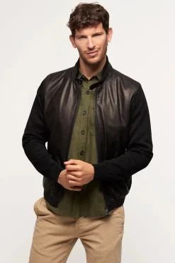 Mens leather jacket with textile sleeves