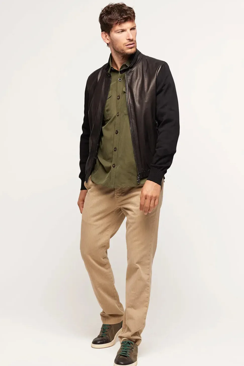 Mens leather jacket with textile sleeves