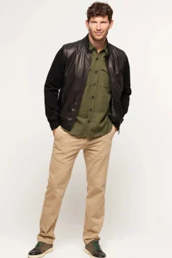 Mens leather jacket with textile sleeves