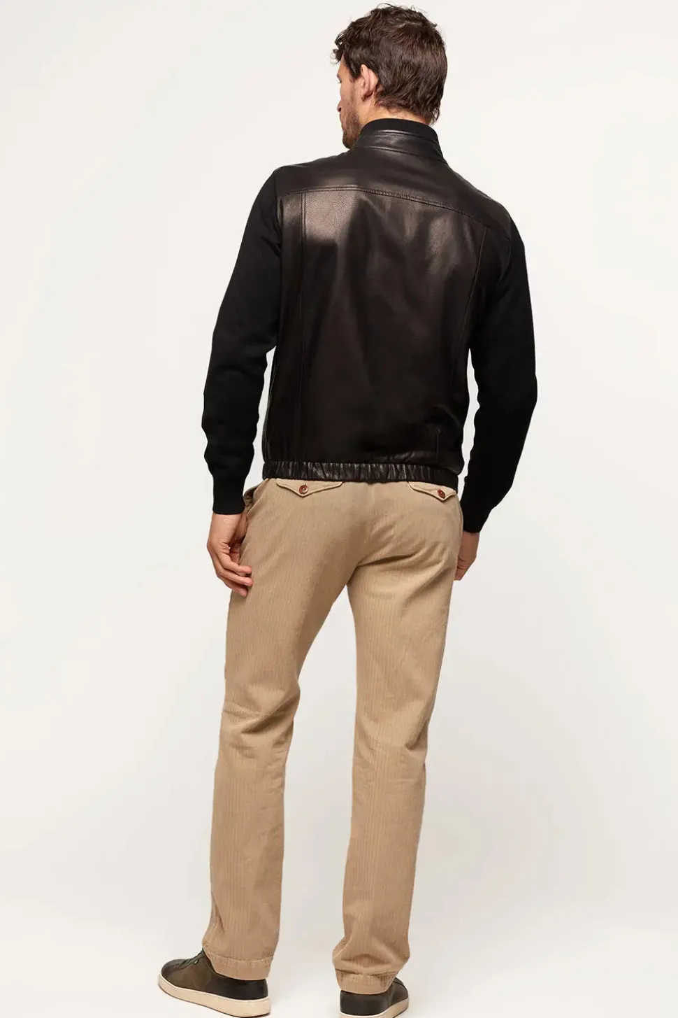 Mens leather jacket with textile sleeves