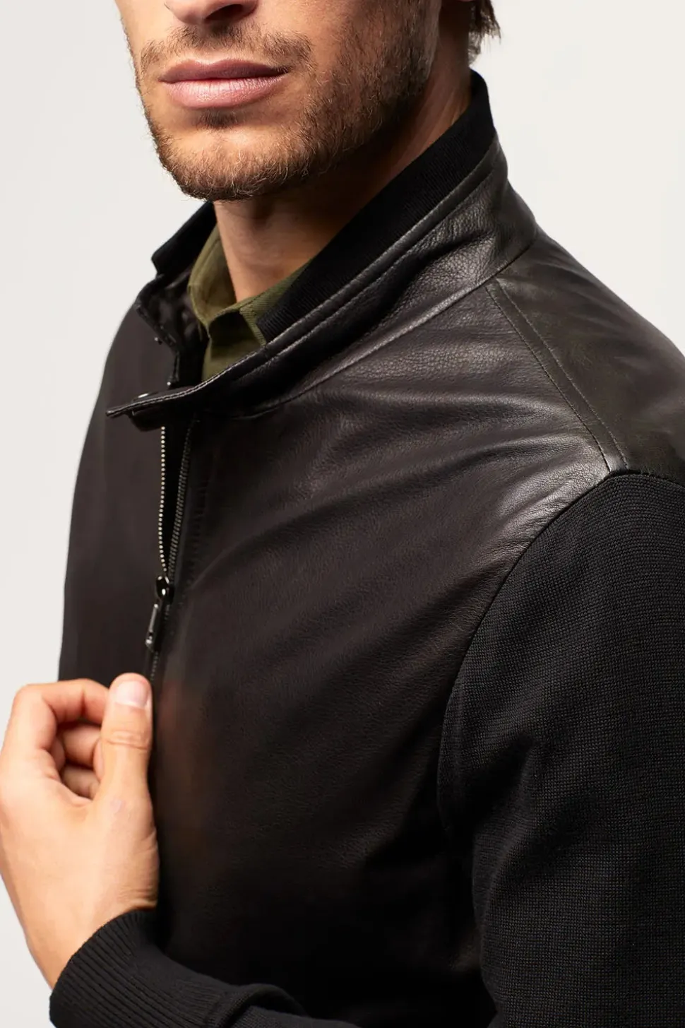 Mens leather jacket with textile sleeves