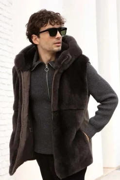 Mens mink vest with hood
