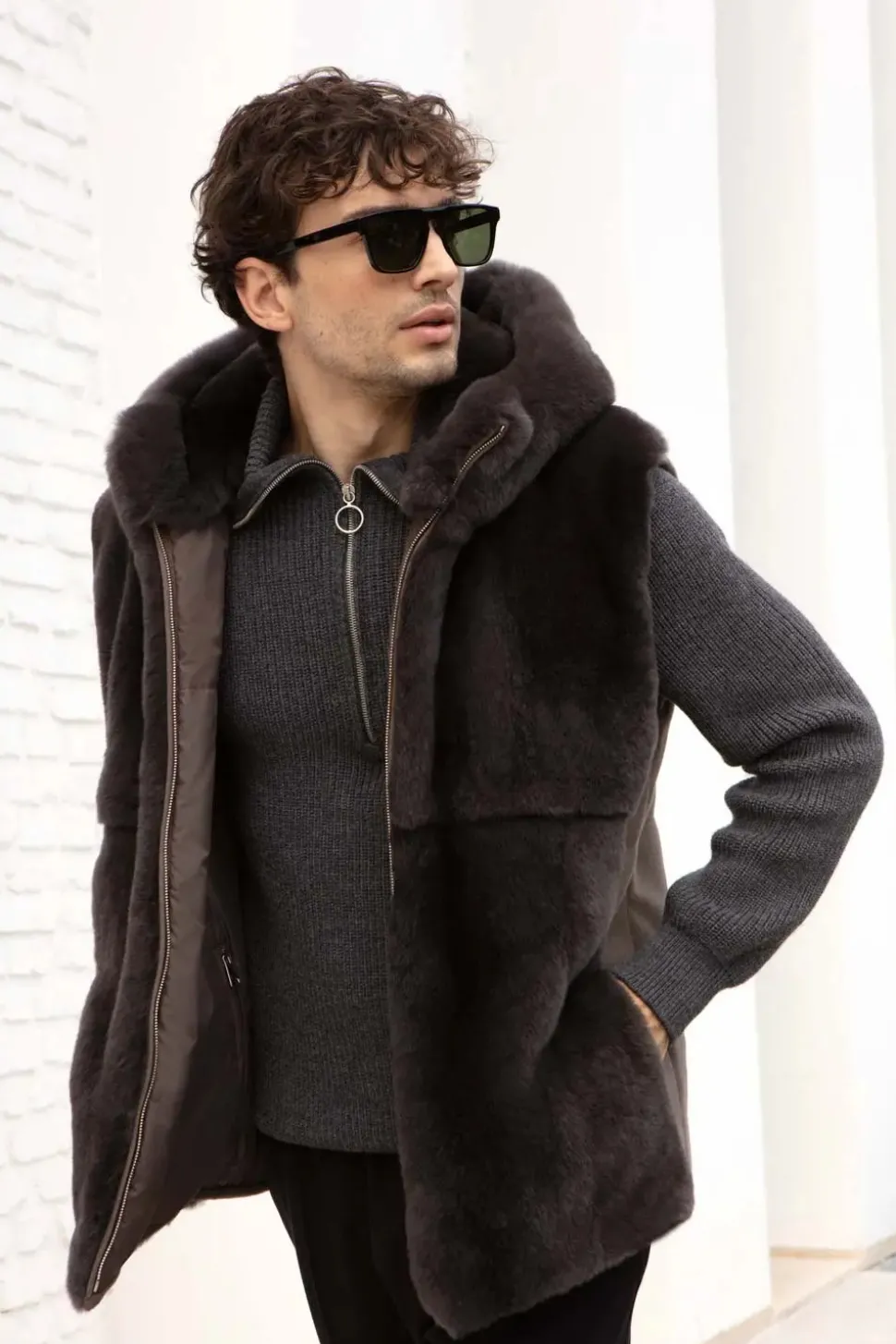 Mens mink vest with hood