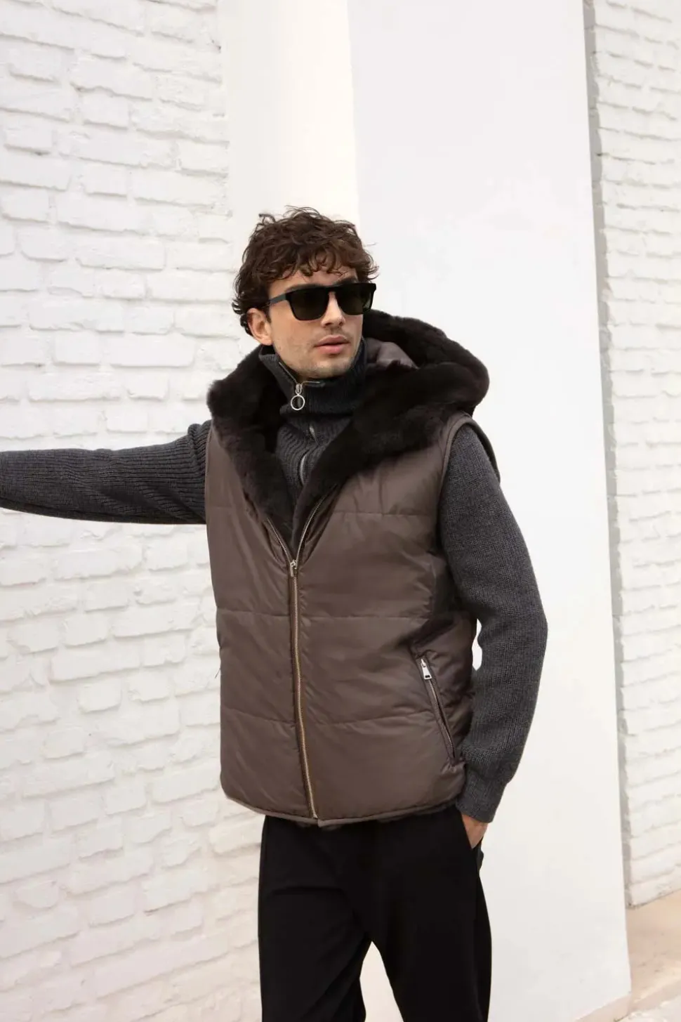 Mens mink vest with hood