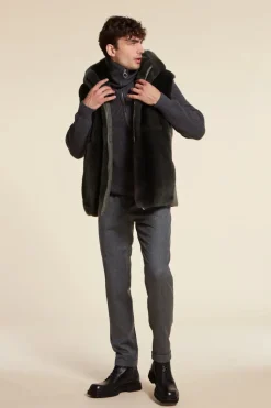 Mens mink vest with hood