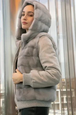 Mink bomber jacket with hood