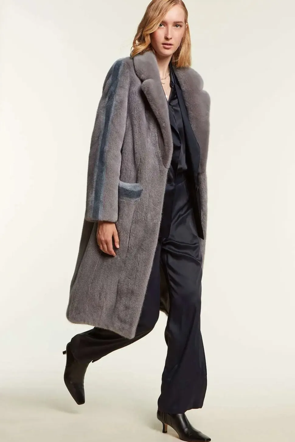 Mink coat with light blue inserts
