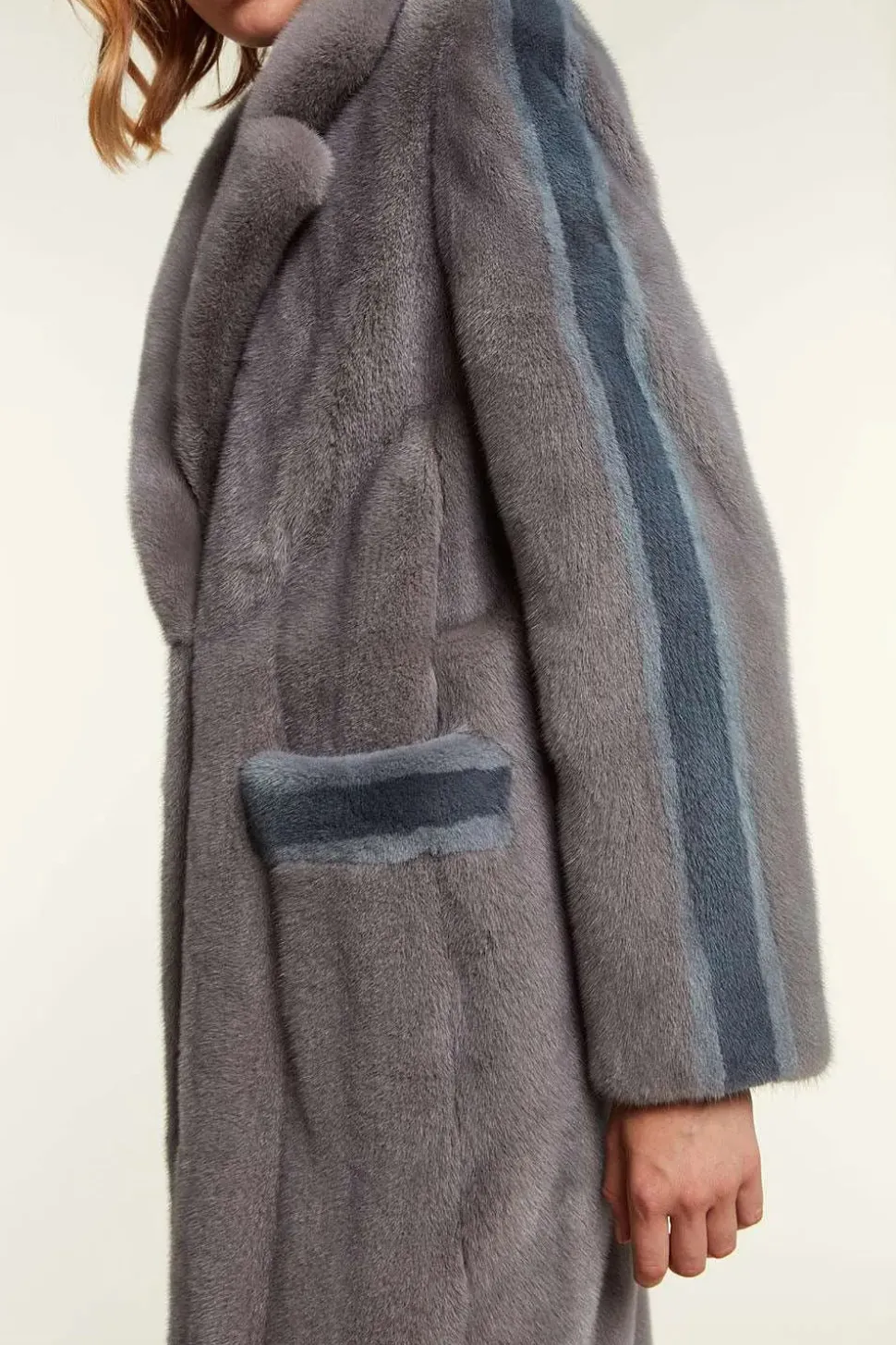 Mink coat with light blue inserts