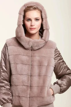 Reversible bomber jacket with hood