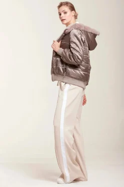 Reversible bomber jacket with hood