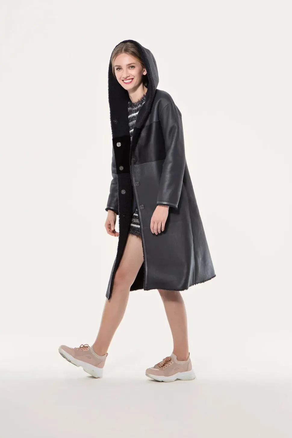 Reversible hooded sheepskin coat