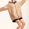 Reversible puffer jacket with fur trim hood