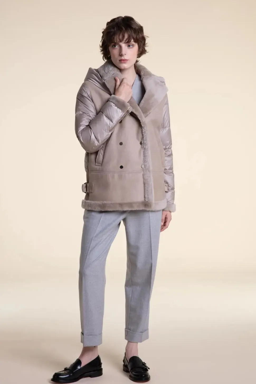 Shearling jacket with down sleeves